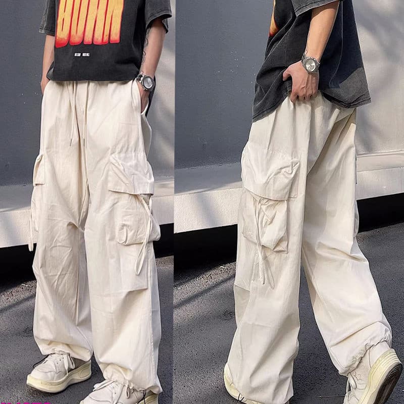 Macacão Calça Casual Masculino Paraquedista Solto Perna Larga Único Na Moda Tie-Leg Stra