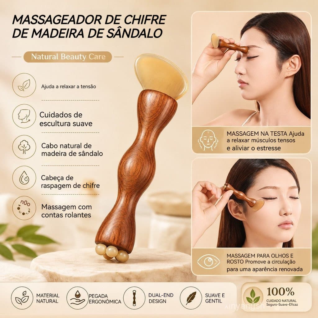 Massageador Facial 2 em 1 de Sândalo e Lótus, Pente de Massagem, Bastão de Acupressão de Meridianos, Ferrare