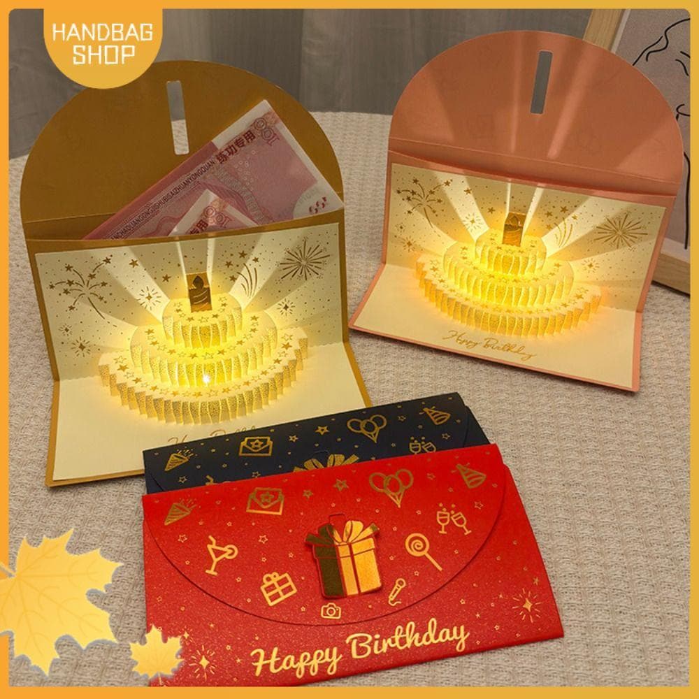 Bolsa Cartão De Felicitações Com Envelope Vermelho De Aniversário , Dobrável Luz Musical Pop-Up