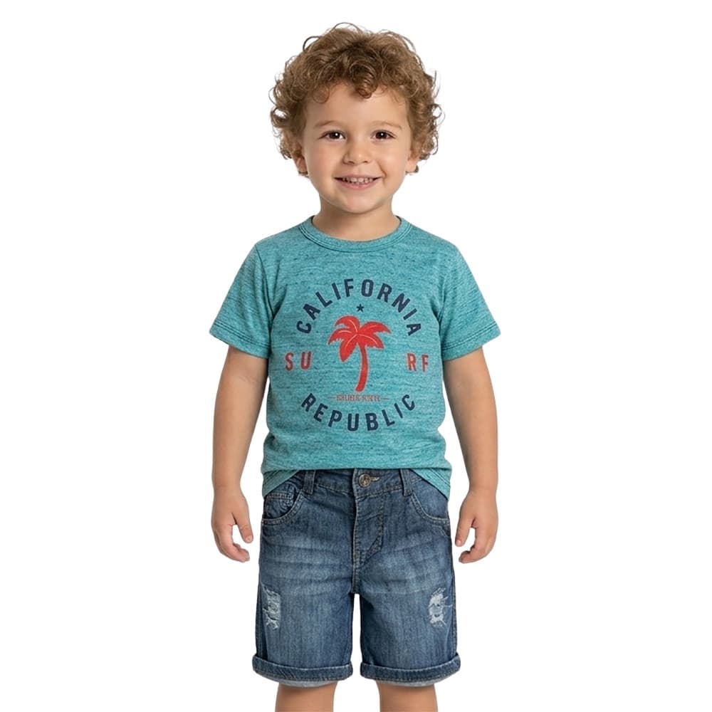 Conjunto Infantil Look Jeans Camiseta California e Shorts Jeans