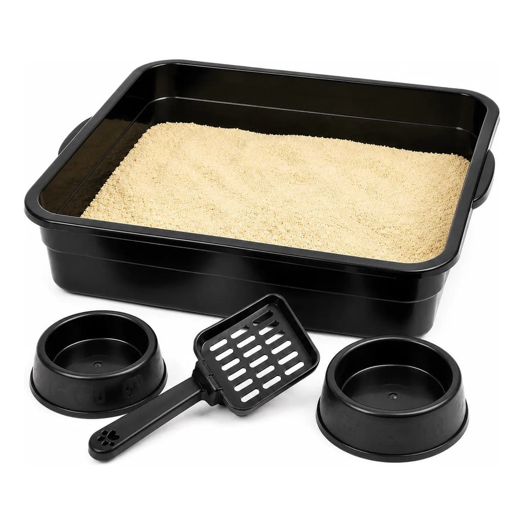 Kit 4 Peças Para Gatos Bandeja Areia Pá Comedouros Caixa Completo Banheiro Grandes Pet