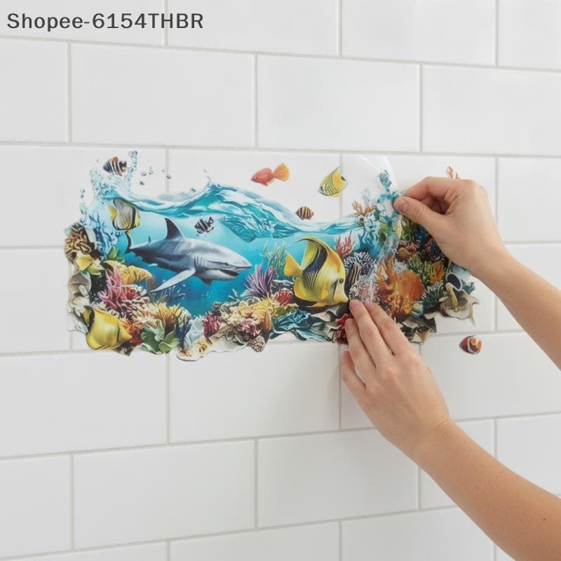 [RG] Decalque De Parede Com Padrão De Peixe Oceano Fácil De Instalar Stier Autoadesivo À Prova D'água Para Decoração De