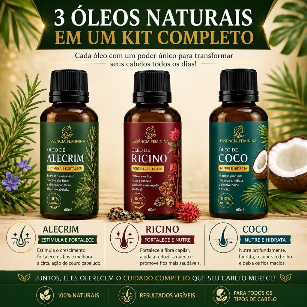KIT Terapia Capilar 3 ÓLEOS Óleo de Coco + Ricino + Alecrim 60ml Tratamento Capilar