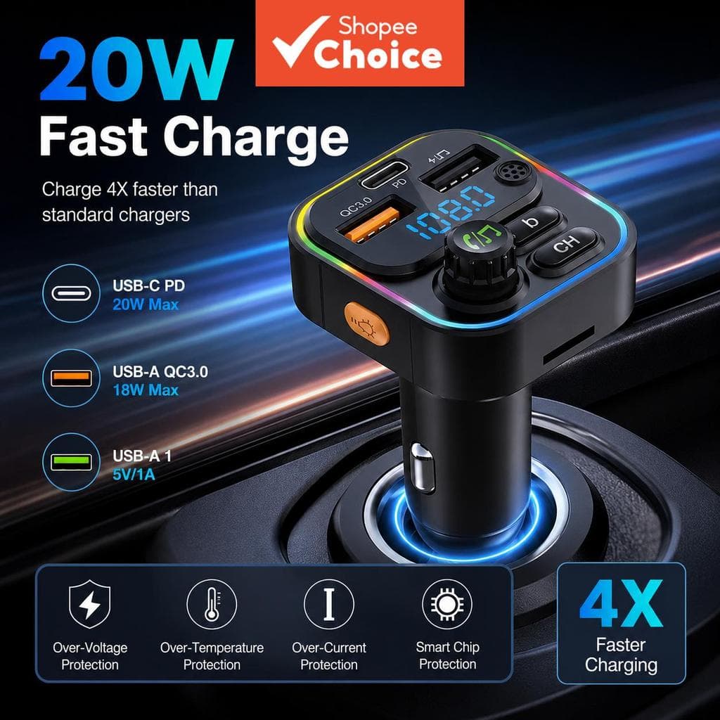 Transmissor FM Para Carro Bluetooth 5.3 PD20W Sem Fio Viva-Voz MP3 Player Adaptador De Carregador USB