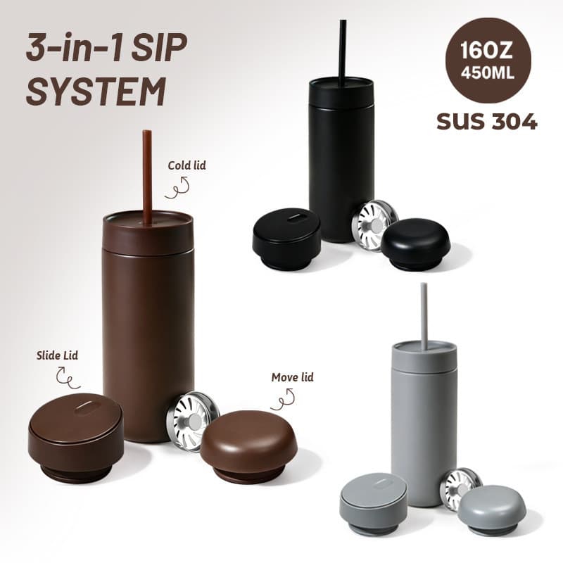 Novo estilo 304 copo térmico de aço inoxidável um copo três tampa 450ml dupla camada reta copo térmico portátil copo de