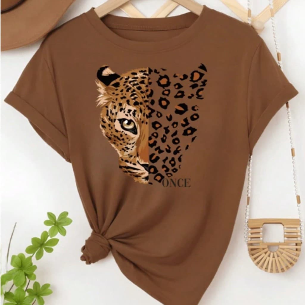 Camiseta Feminina 100% Algodão Com Estampa Onça Once Animal Print Fashion