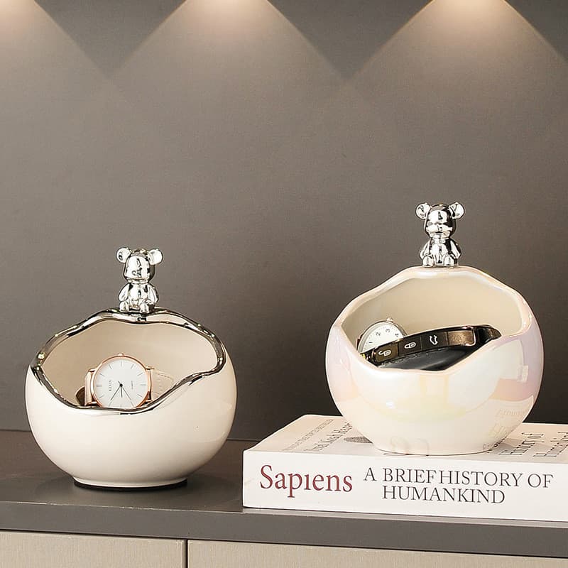 Ornamentos de armazenamento de entrada de urso sentado de cerâmica Prateleira de chave de entrada Armário de sapatos Luz