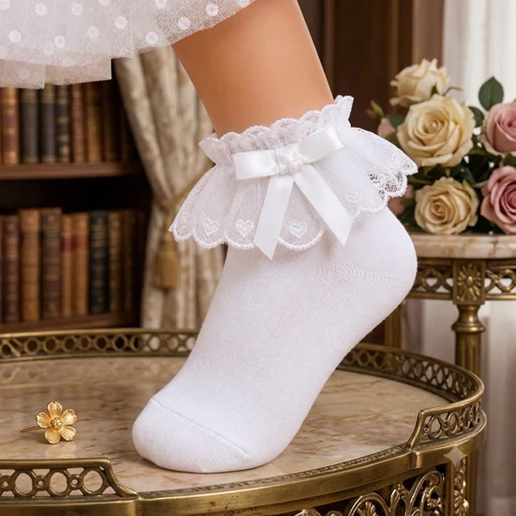 Meia Infantil com Renda e Laço Meia Batizado Meia Babado Meia de Festa Meinda com Renda