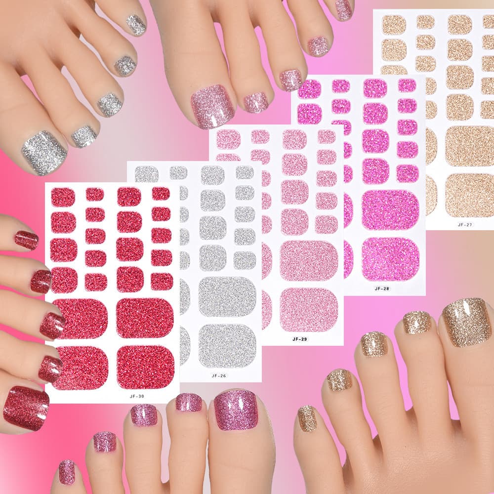 22 adesivos para unhas dos pés em prata com brilho leve, adesivos simples para unhas dos pés, cobertura total, adesivos
