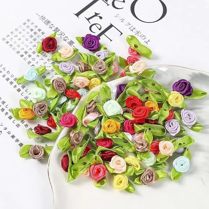 100Pcs Multicolor Mini Ribbon Rose Flower Ornament, Cute Satin Fabric Rose Buds with Leaves, Mixed Color Roses Sewing Ap