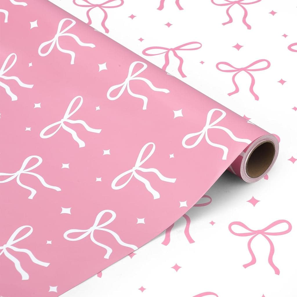 Rolo de Papel de Embrulho com Laço Rosa - Mini Rolo - 17 Polegadas x 16,5 Pés - Papel de Embrulho Reversível com Design