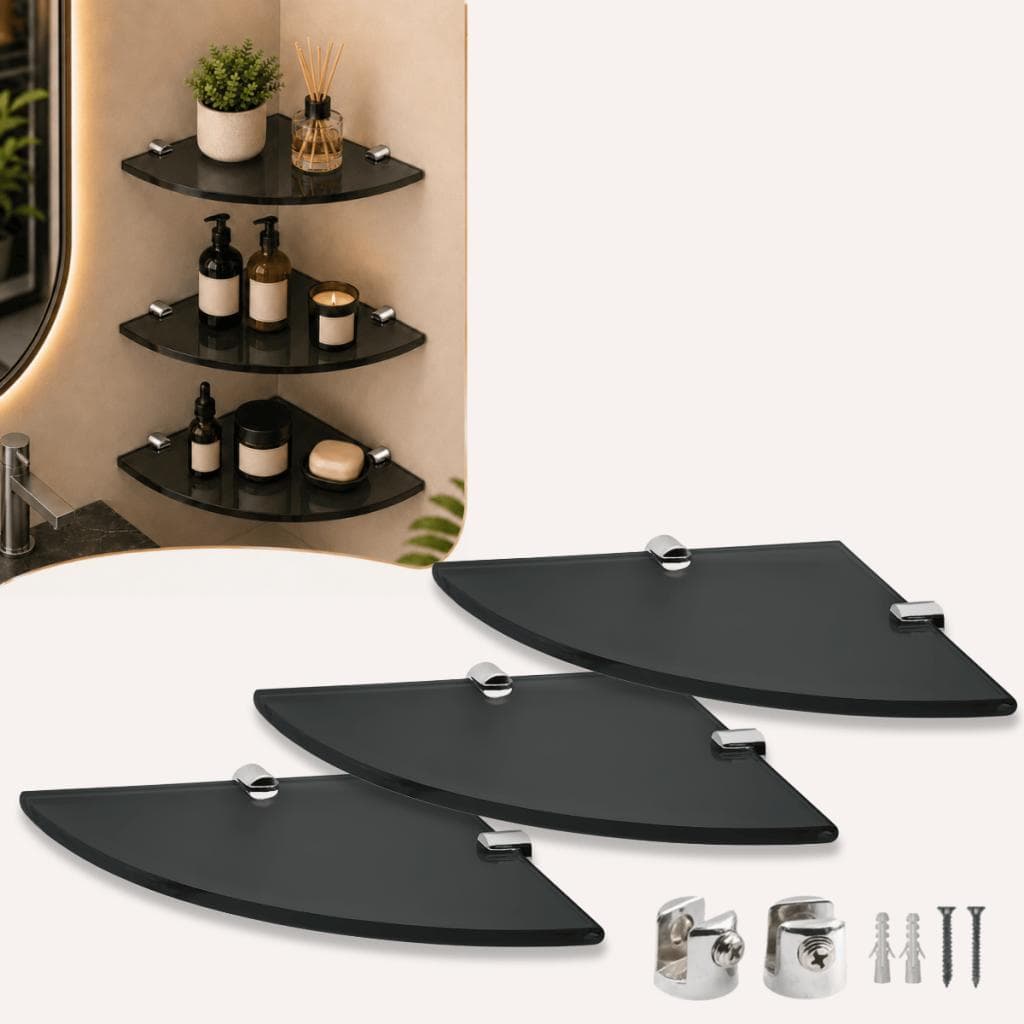 Kit 3 Prateleiras Multiuso de Vidro Fumê 6mm 20x20cm com Suporte Cromado para Parede