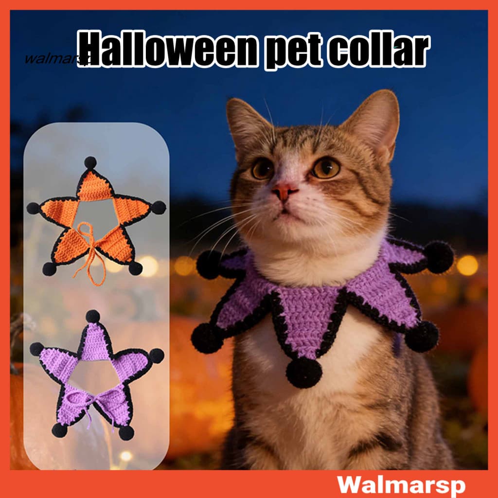[WMP] Babador Feito À Mão Com Estrela De Crochê Para Animais De Estimação Pompons Pretos – Roupa Fofa De Halloween Gatos