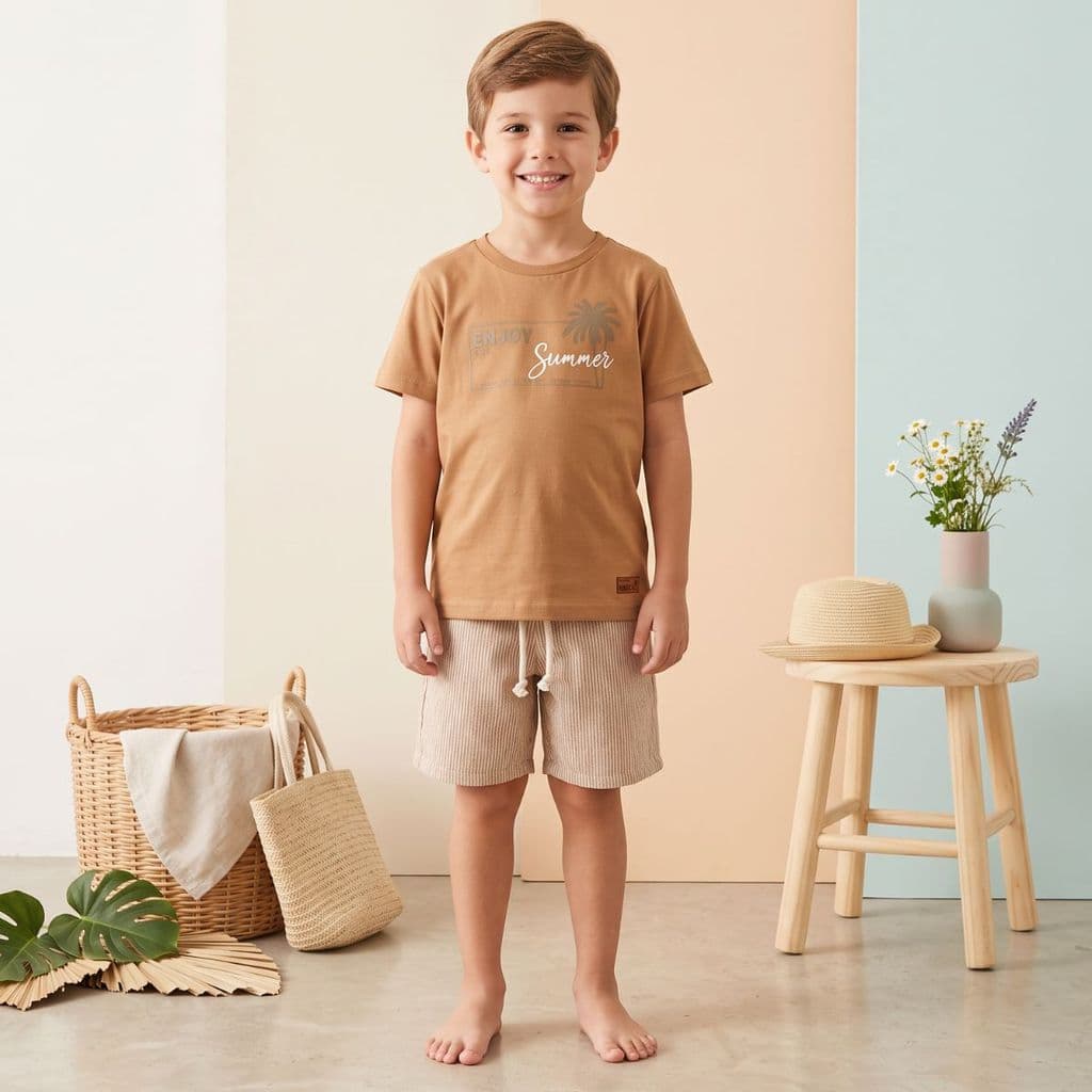 Conjunto Menino Infantil Camiseta Short Algodão Estampado Roupa Casual Passeio Moderno Confortável