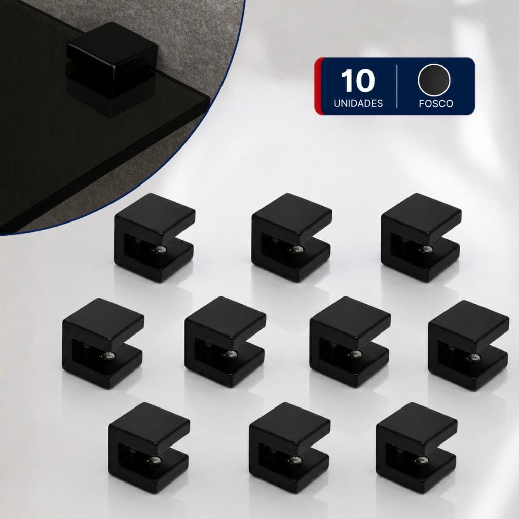Kit 10 Suportes Fenda Quadrado 1 Furo Para Prateleira de Vidro 6mm Metal Preto Pintura Eletrostática