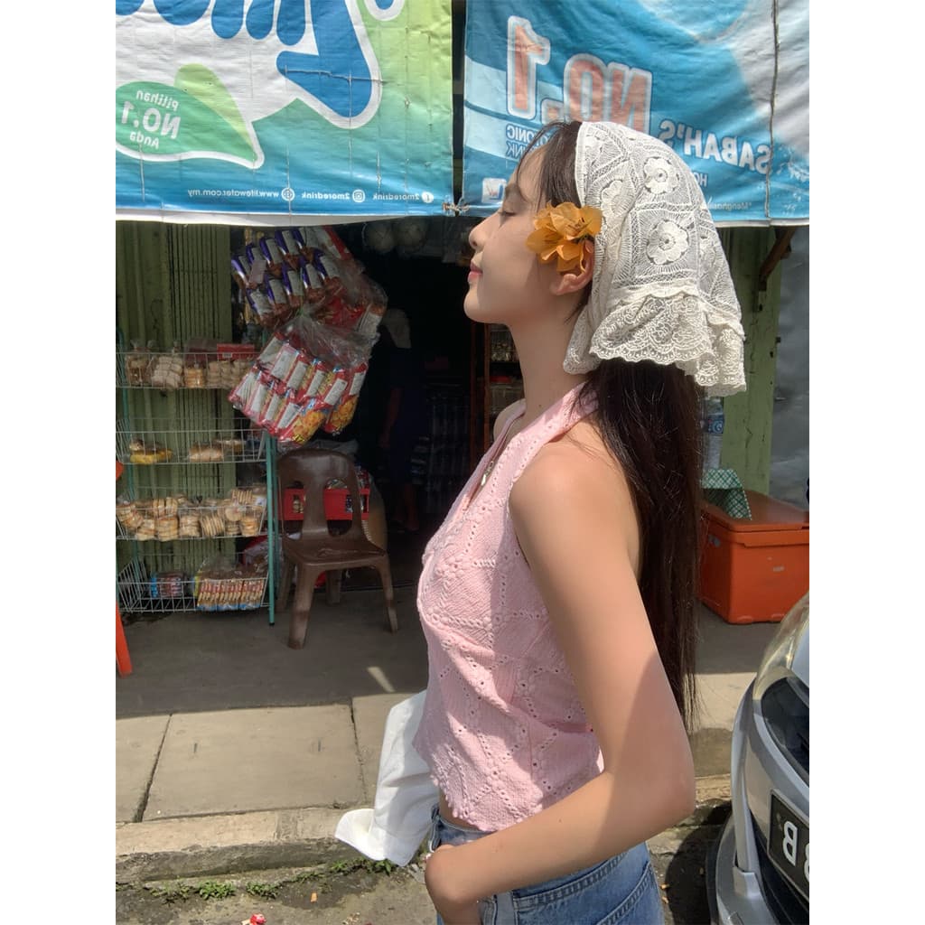 Renda francesa pequena flor lenço de seda feminino primavera verão bonito doce gravata lenço de cabelo Streamer triângul