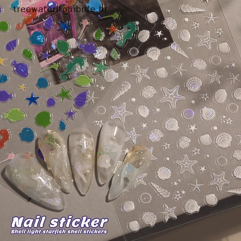 Concha Brilhante Luz Laser Do Mar Cosnch Estrela Adesivo Arte Prego Stiers Manicure Fantástico Vida Marinha Decalques