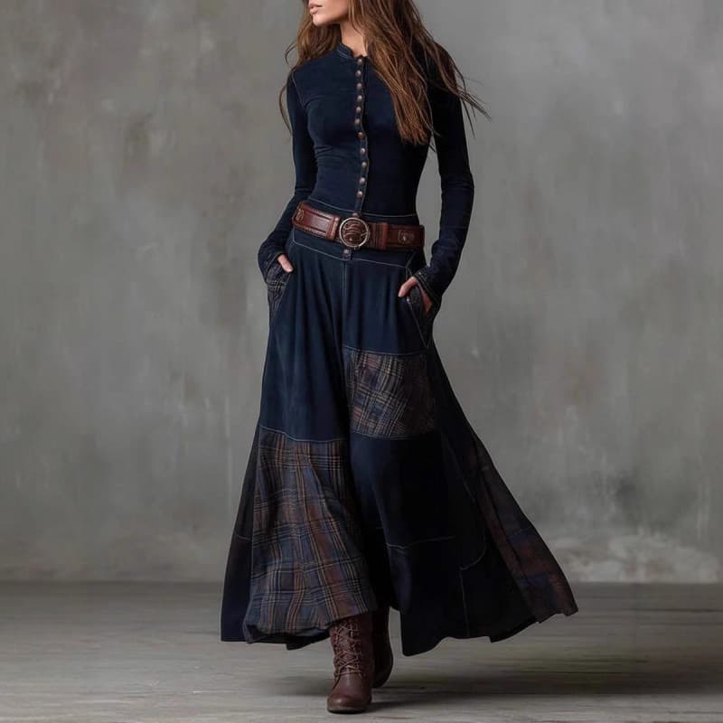 Feminino Retro costura remendo perna larga solta cintura alta elástica reta manga longa vestido longo