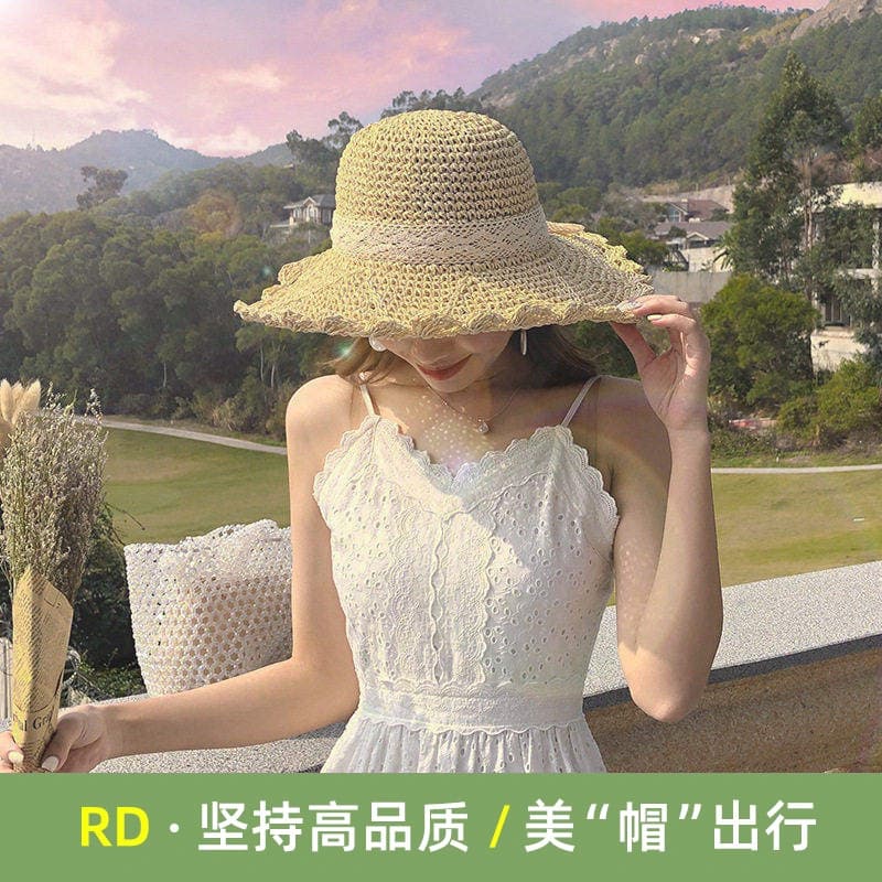 RD chapéu de palha feminino chapéu de sol 2026 novo estilo chapéu de sol feminino renda aba grande chapéu de sol adequad