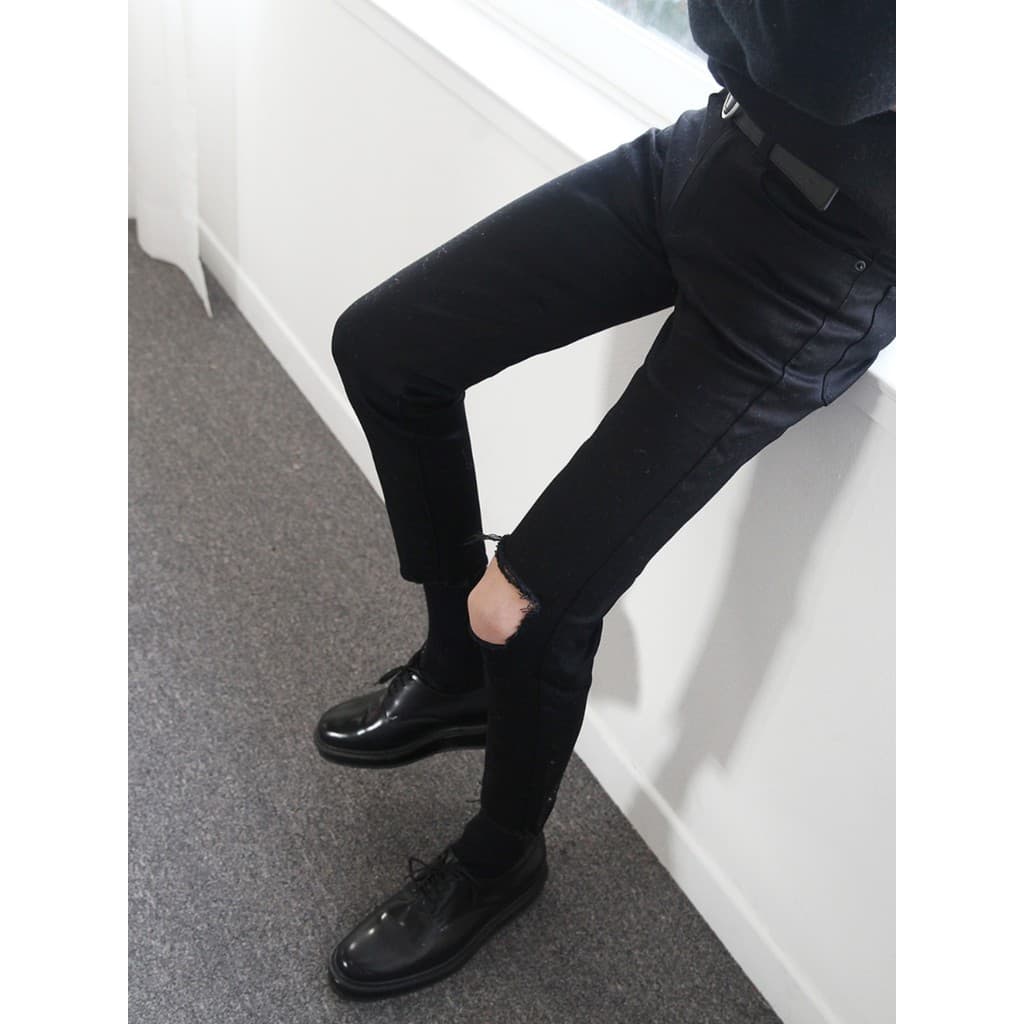 High Street ulzzang Kwon Jilong Mesmo Estilo Preto Joelho Grande Rasgado Jeans Desfiados Meninos Slim-fit Tornozelo-