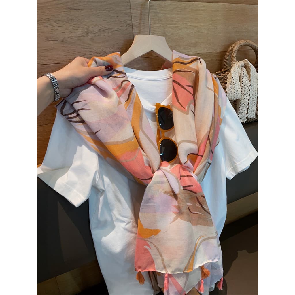 Lenço de seda feminino primavera verão versão coreana moda All-Match flor colorida fino algodão linho cachecol gaze viag