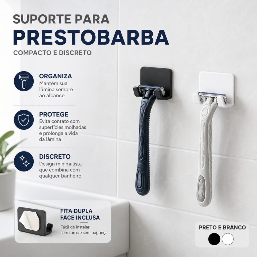 Suporte Para Barbeador Porta Gilete Gillette Prestobarba Parede Sem Furo com Fita Dupla Face KIT COM 2