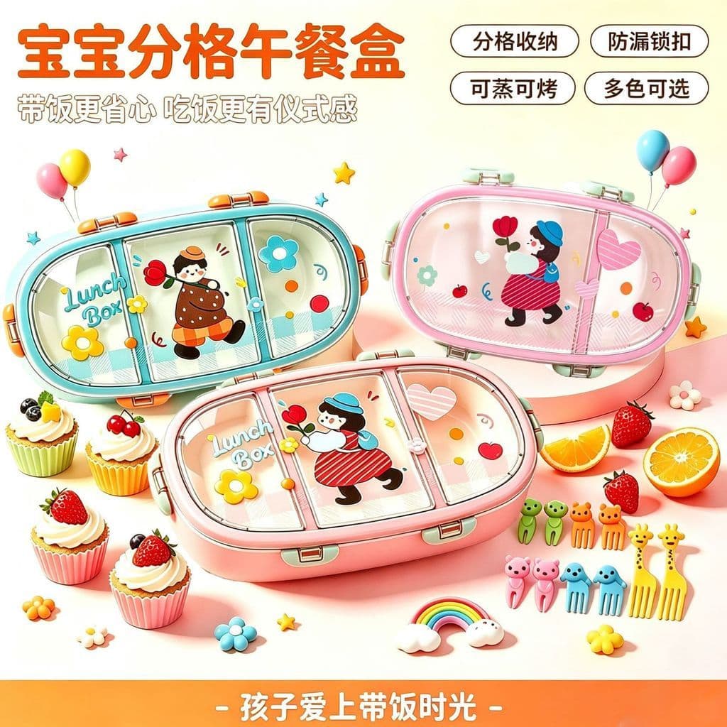 Prato de jantar compartimentado para crianças, caixa Bento de desenhos animados, classificação de alimentos, lancheira,