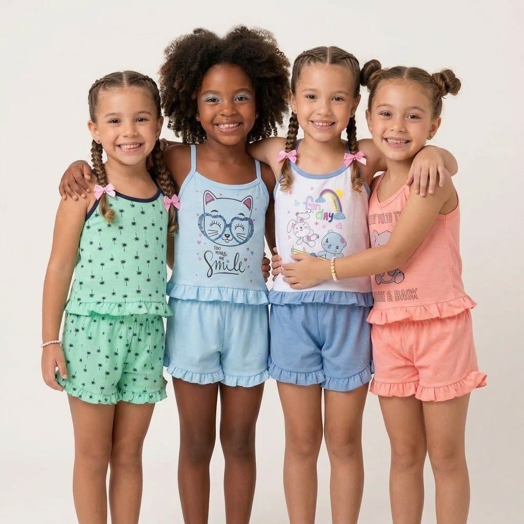 Pijama Infantil Menina Short Doll Em Malha Estampado Baby Doll Regata