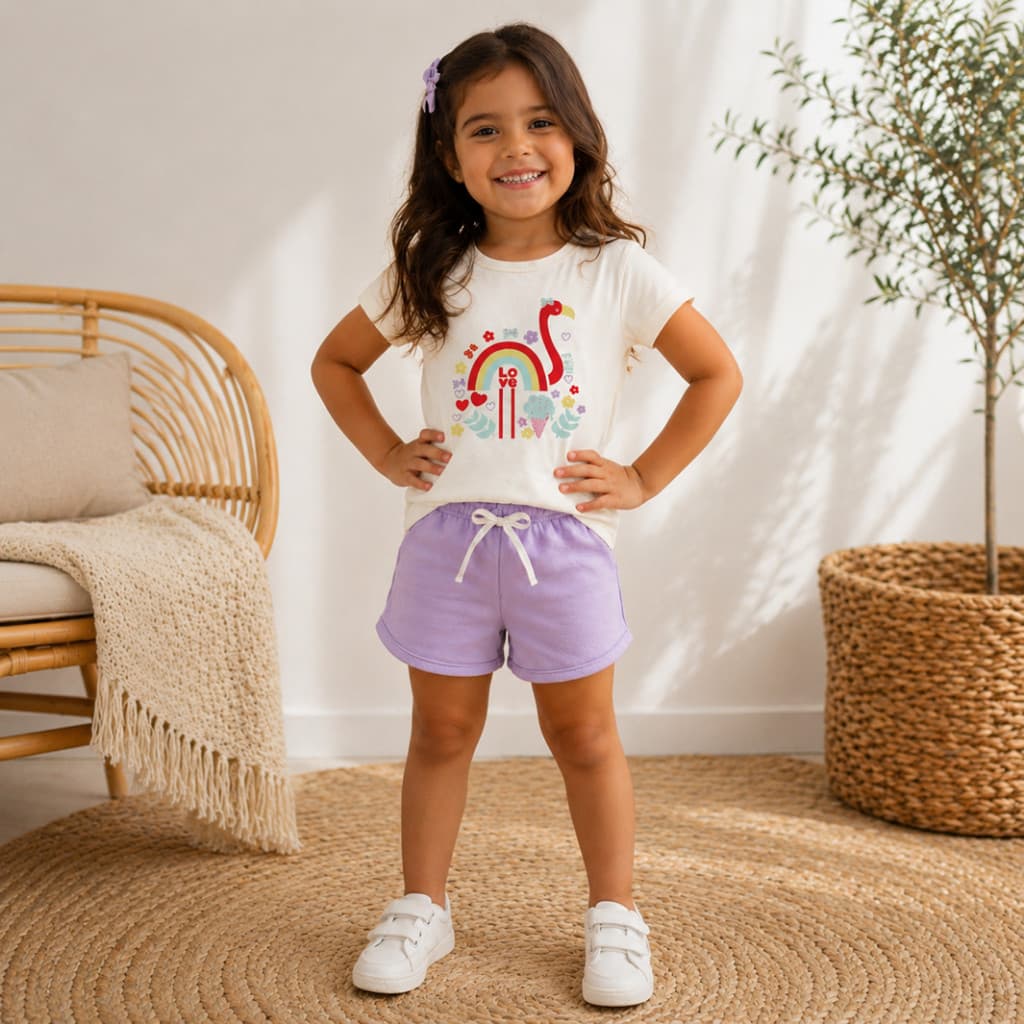 Conjunto Infantil Menina Blusa Manga Curta em Malha Com Estampa e Bermuda em Moletinho com Friso na Barra e Cadarço Fake