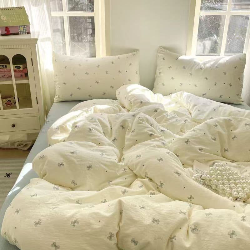 Creme urso cama colcha capa dormitório estudante conjunto de três peças folha conjunto de 4 peças de algodão lavado amig
