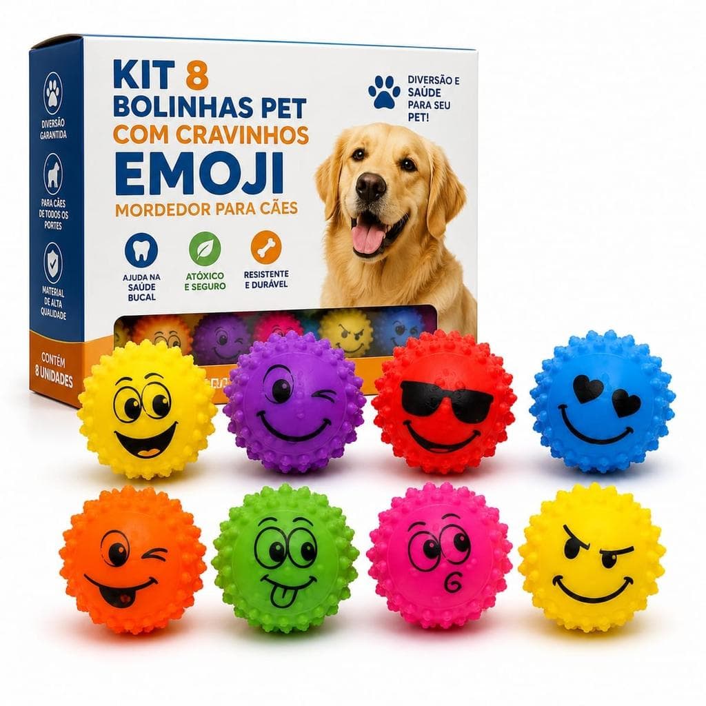 Kit 8 Bolinhas Mordedor com Cravinhos Emoji para Cães - Leves e resistentes, ideal p/ porte pequeno e médio