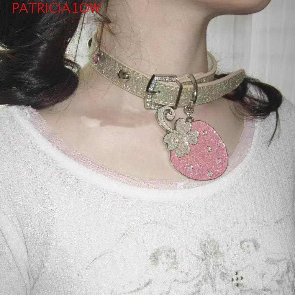 PATRICIA1OW Corrente De Clavícula De Strass , Colar De Couro De Morango Punk Harajuku , Gargantilha Rosa Com Pescoço Y2K