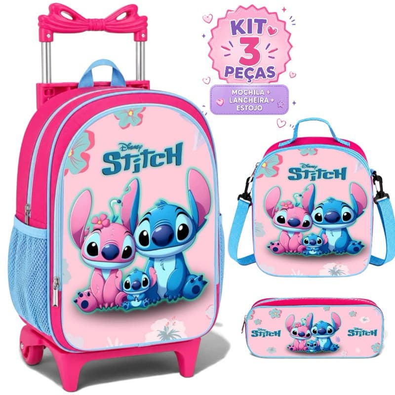 Kit Escolar Rodinha Mochila Stitch Mochila Forro Interno Lancheira Térmica + Estojo - Resistente