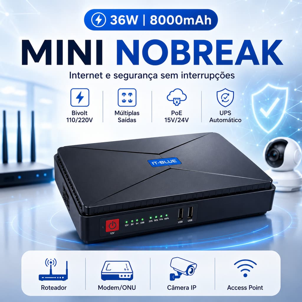 Mini Nobreak UPS 8000mAh 36W Com Saídas 5V 9V 12V E PoE – Backup De Bateria Para Roteador Câmera De Segurança E Rede