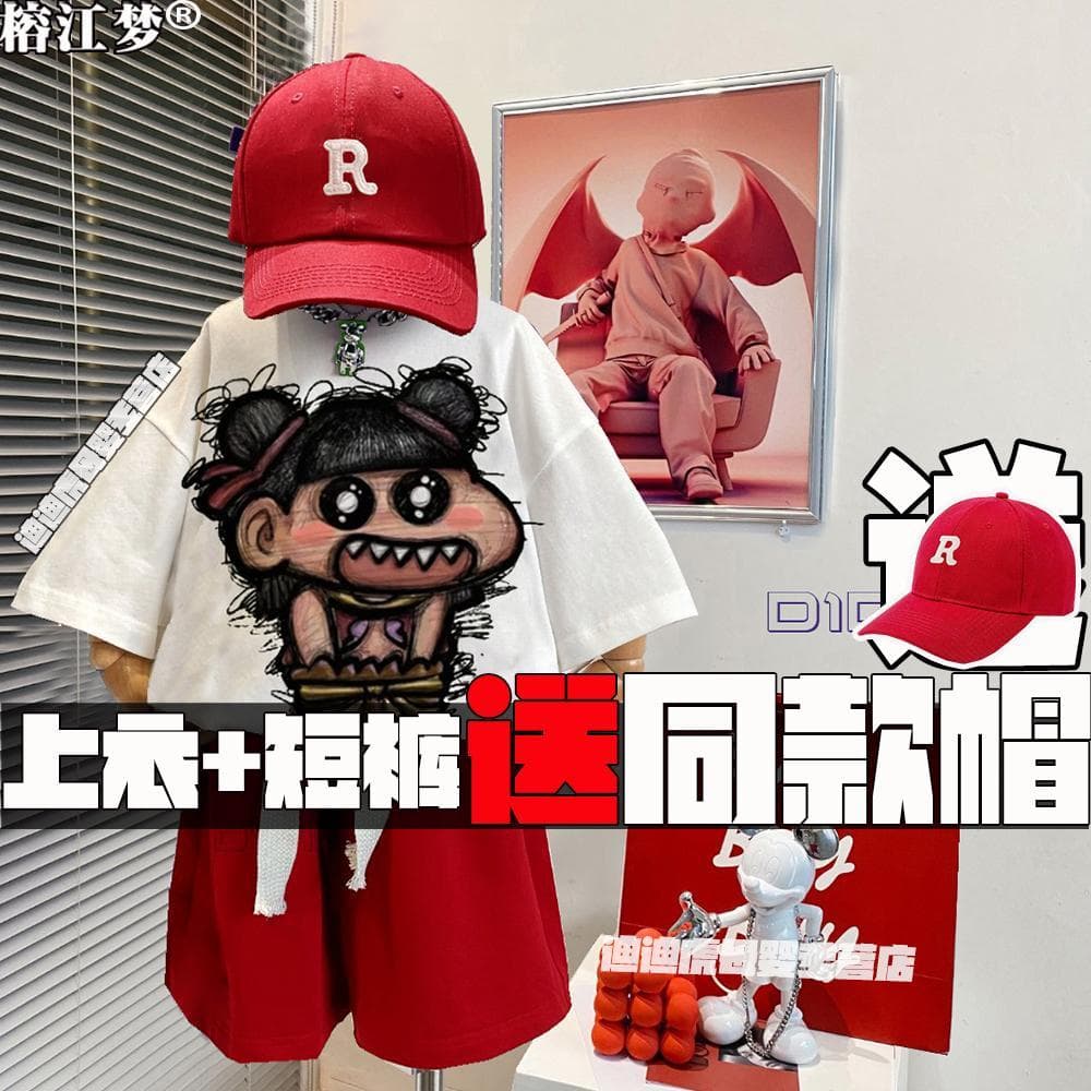 Crianças camiseta de manga curta terno meninos verão 2025 novo estilo Nezha bolso impresso All-Match solto topo na moda