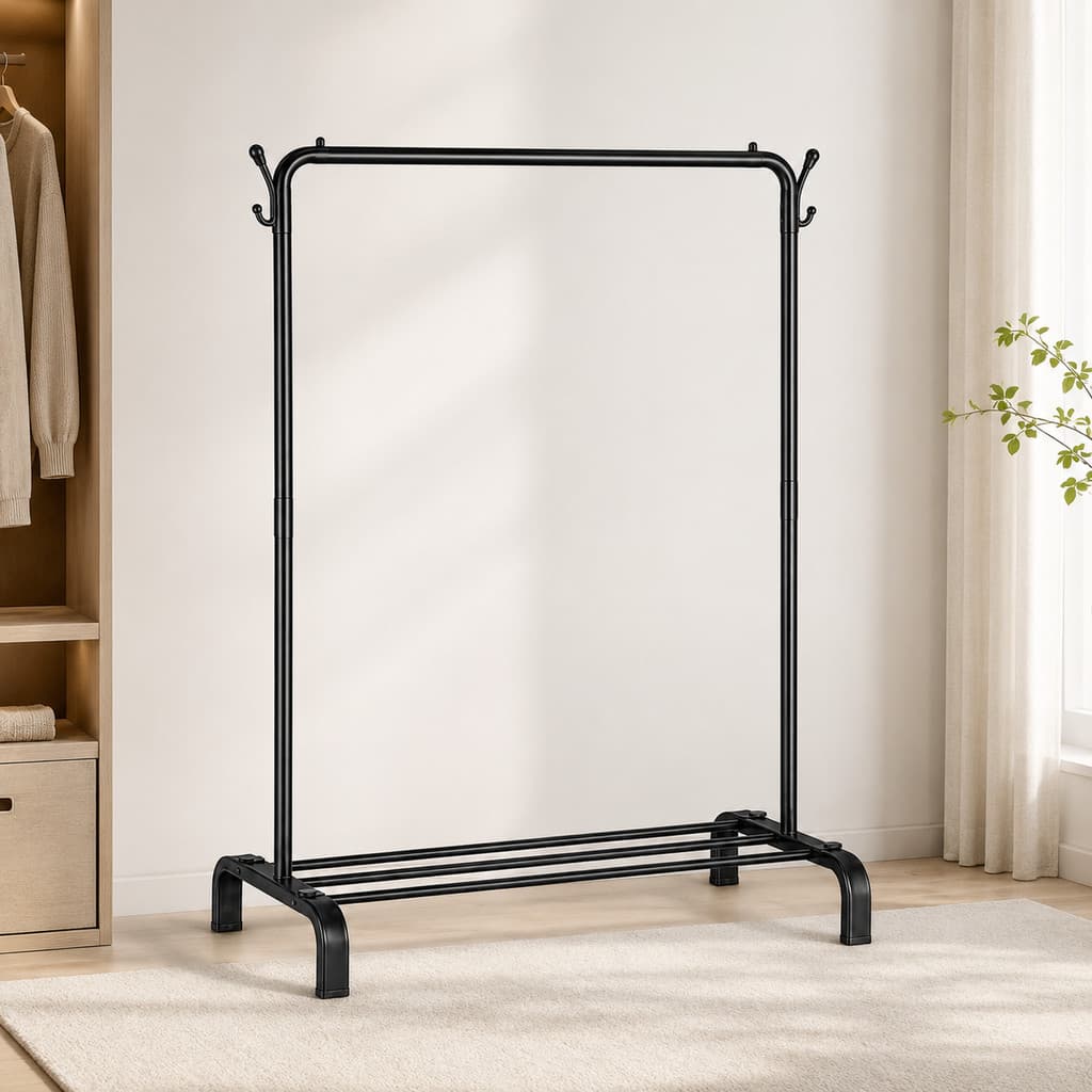 Arara Para Roupas Cabideiro de Chão com Sapateira Organizador Multiuso Closet Ferro Preto com Ganchos Laterais Reforçado