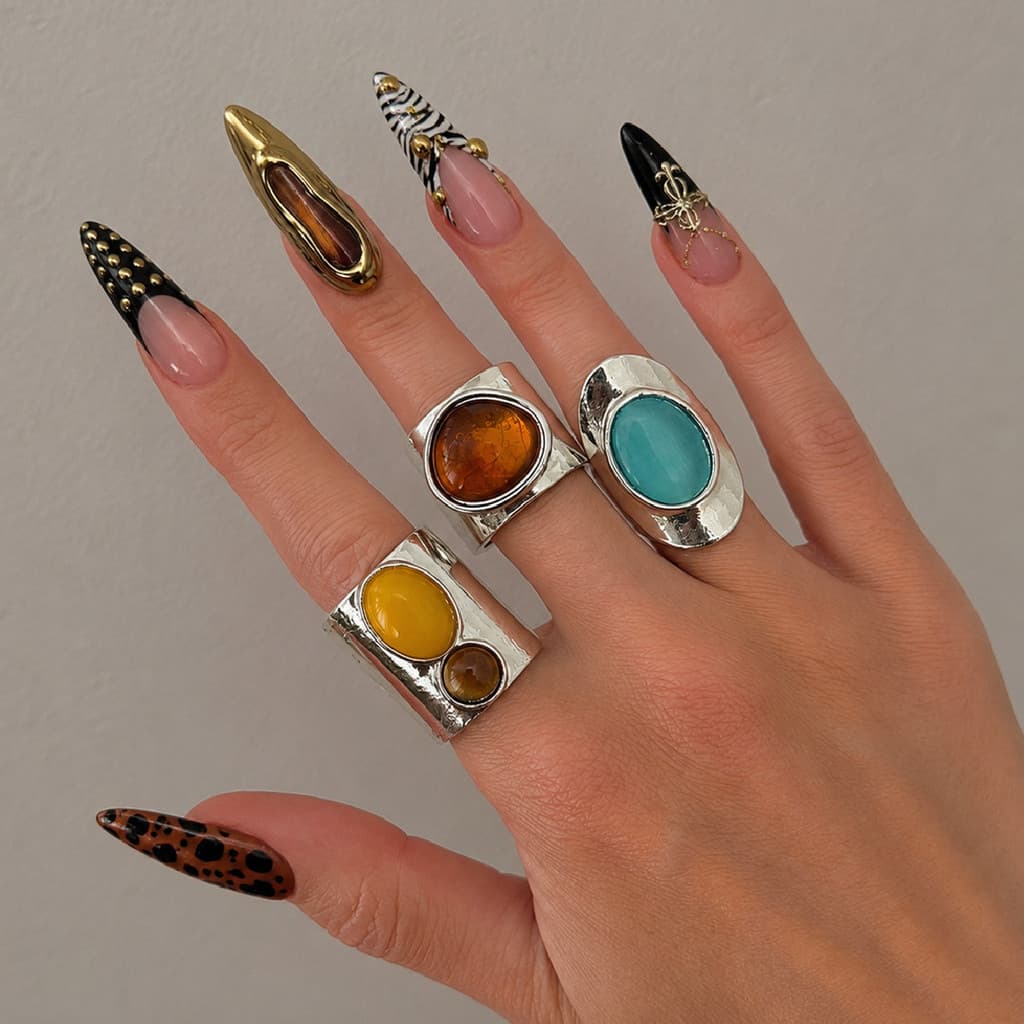 Jóias Europeias E Americanas DIY Cor Incrustada Resina Pedra Preciosa Anel Aberto retro metal Brilhante Versão Larga