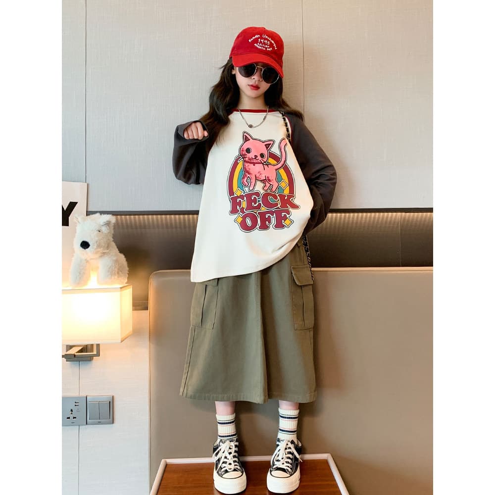 Meninas camiseta de manga comprida primavera outono estilo 2023 novo estilo médio grande crianças soltas cor combinando