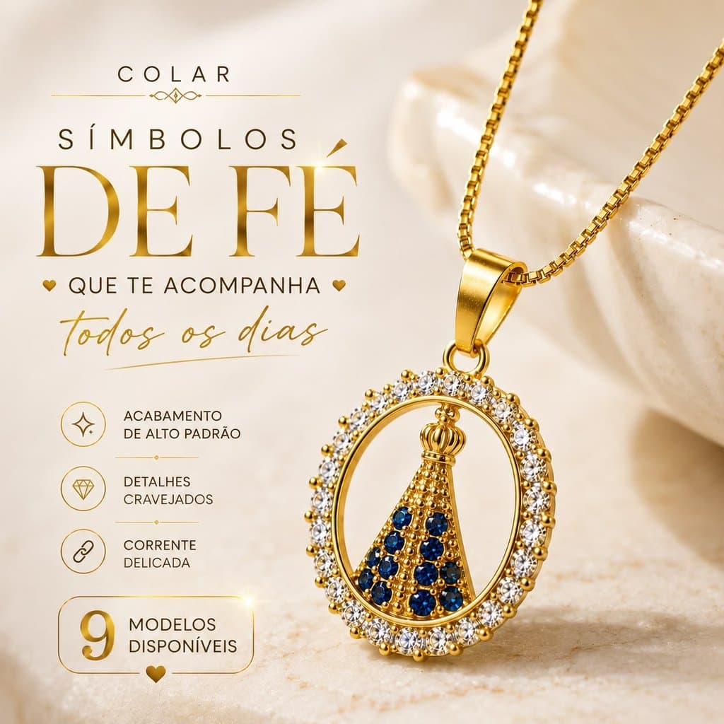 Colar Religioso Nossa Senhora Aparecida e Cruz Dourado com Pingente Cravejado – 9 Modelos