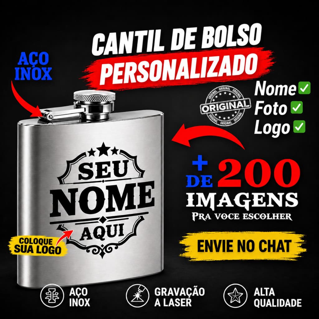 Cantil De Bolso Personalizado Aço Porta Bebidas Whisky Vodka Inox