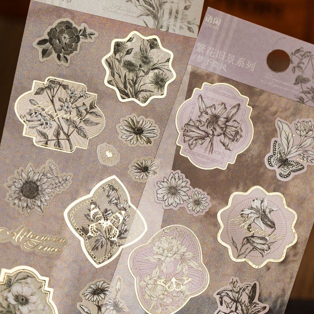 Flor antiga série de visão dourada adesivos Retro flores manual Material diy cartão Envelope decoração adesivos de vedaç