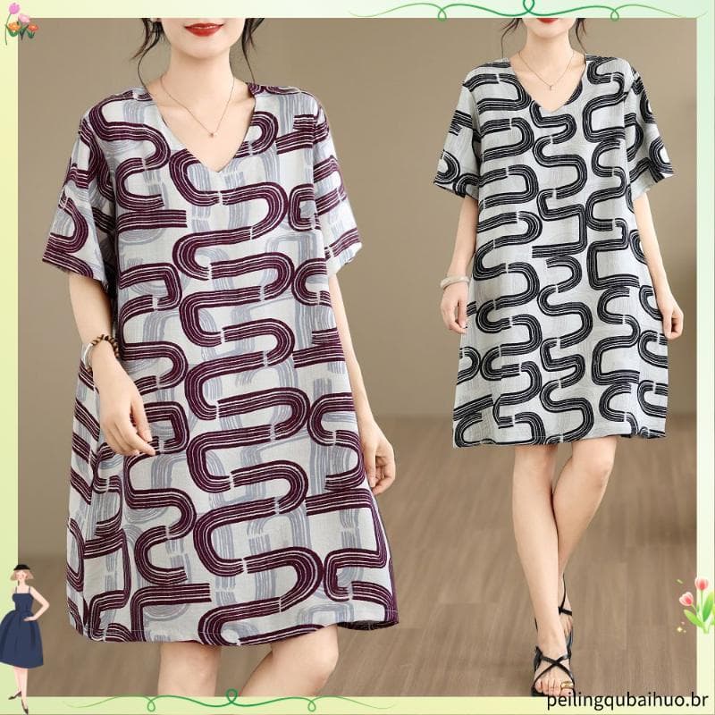 Xiaoxiang estilo impresso vestido com decote em V mãe usar verão solto tamanho grande mais magro olhar capa carne Casual