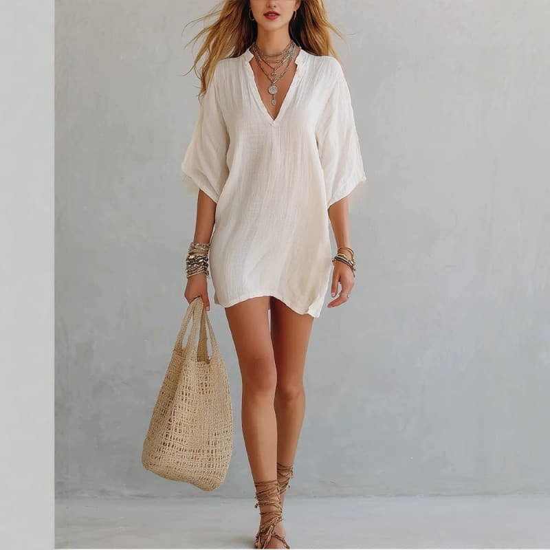 Feminino novo estilo estilo Retro moda literária com decote em V saia evasê vestido solto