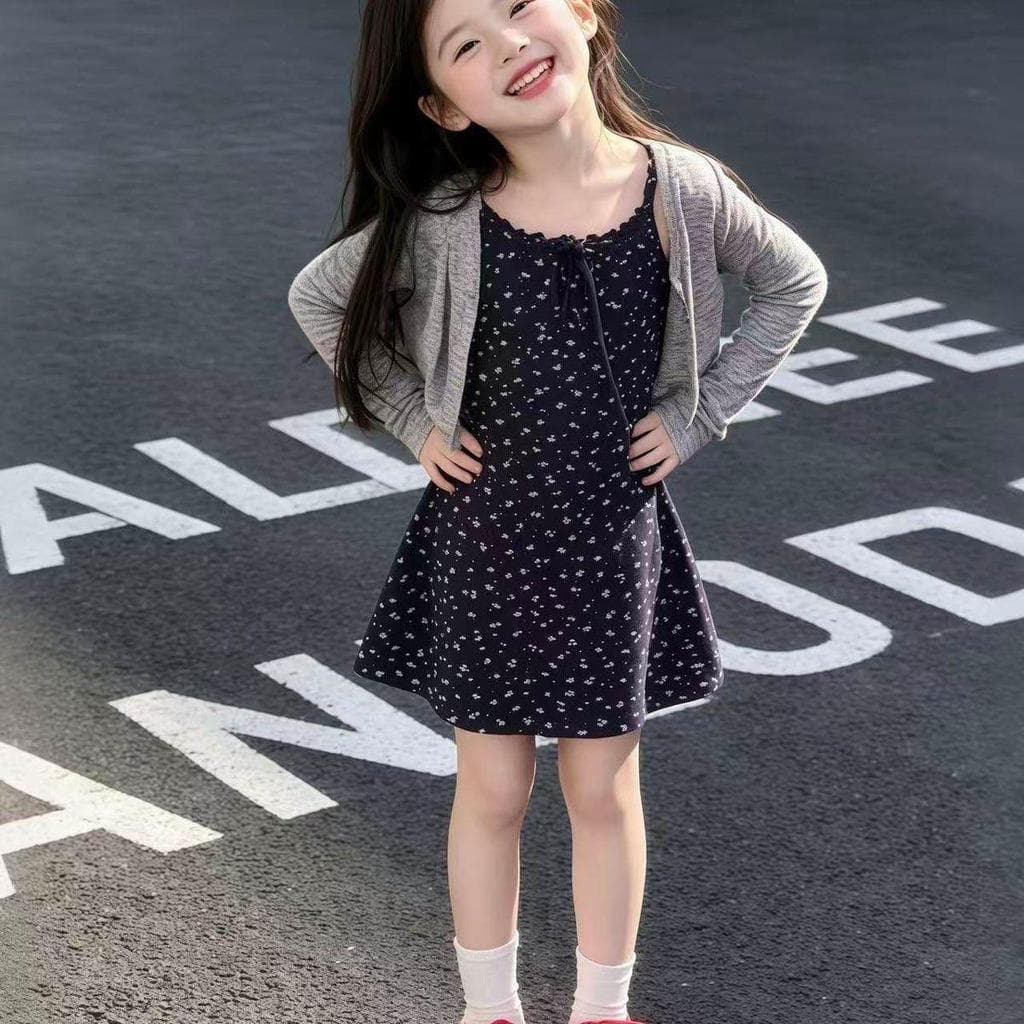 [50% de desconto em promoção] Meninas francês azul Floral estilingue vestido verão médio grande crianças estilo coreano