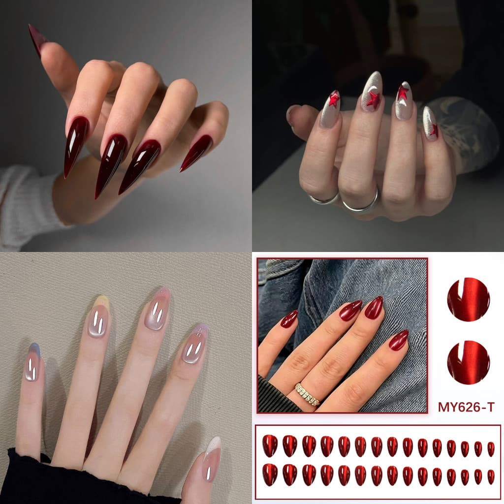 24 peças de unhas postiças vermelho vinho, brilhantes, destacáveis, que realçam a pele MJQO