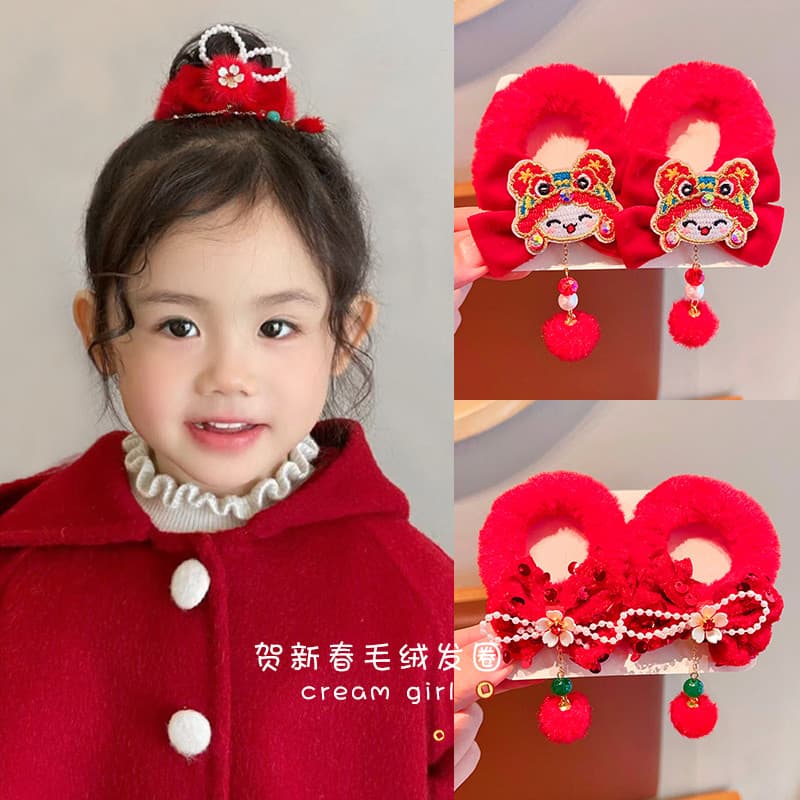 Crianças ano novo laço de cabelo cocar meninas antigo vermelho festivo pelúcia laço de cabelo meninas gravata bola cabeç