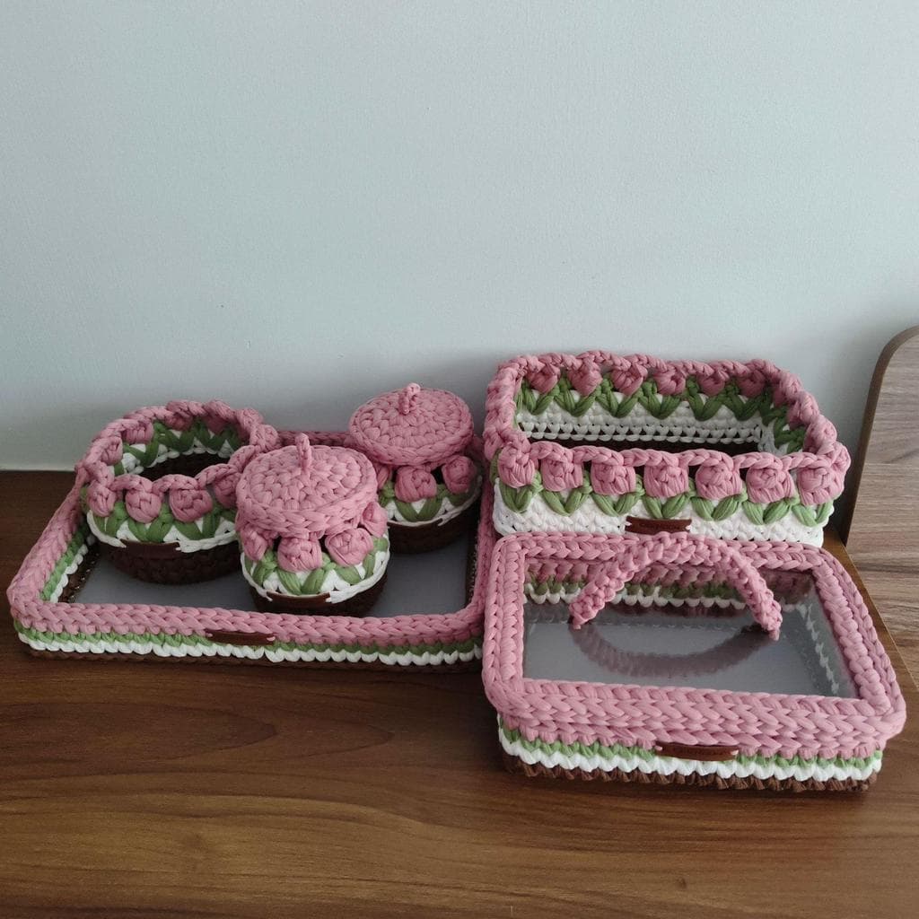 Crochê à mão, conjunto de caixa de armazenamento de mesa para bebê, cesta Moses Baby