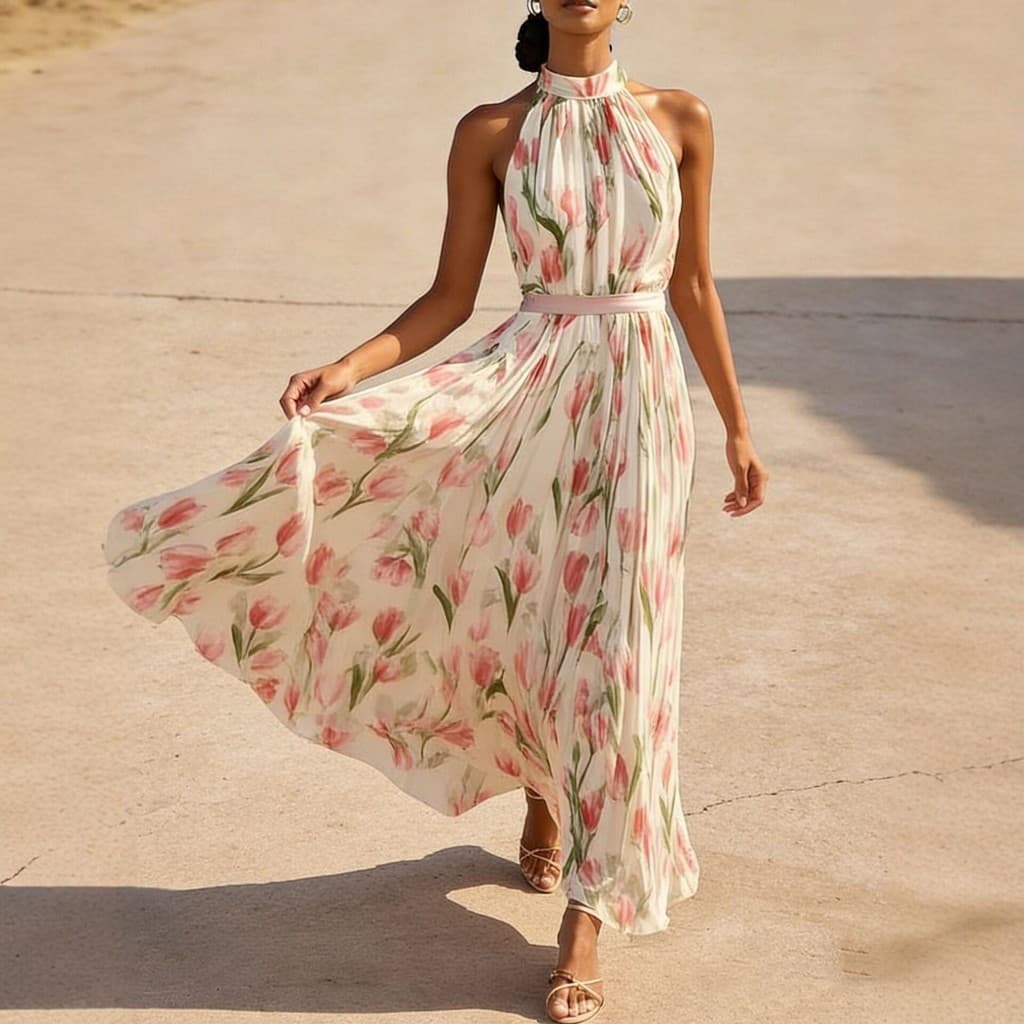 Vestido Elegante de Verão 2026, Estilo Resort Europeu e Americano, com Decote Halter e Estampa, Modelo Evasê
