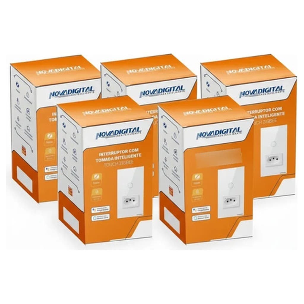 Kit 5 Interruptores Touch Led 1 Botão Zigbee Tomada 127/220V Branco Novadigital Inteligente Cabeado Automação