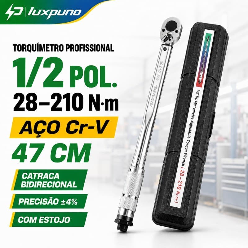 Torquimetro Multifuncional De Estalo 2.8 A 21kg Reversível 210Nm Encaixe 1/2Pol. Cromo Vanádio Profissional Torque